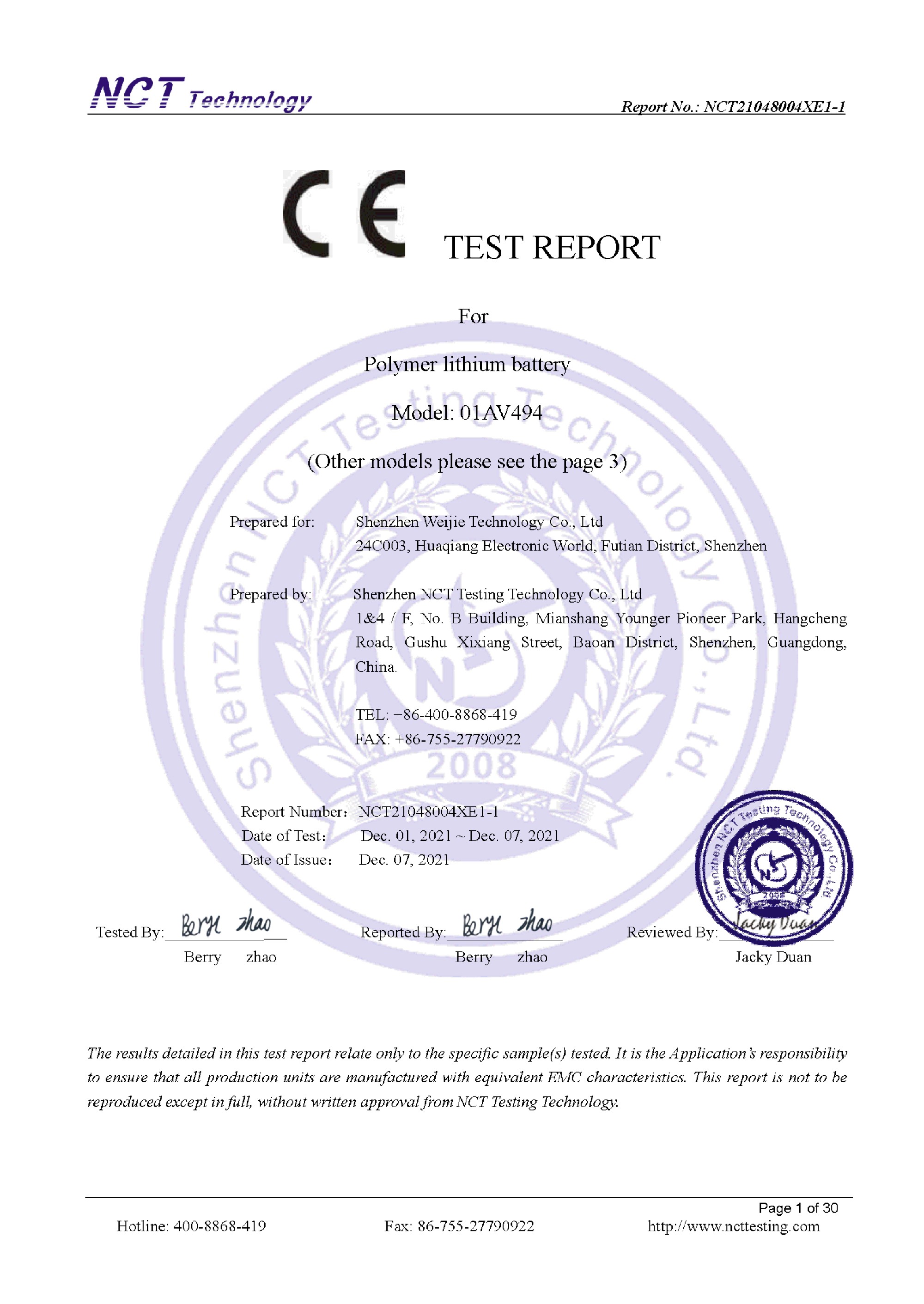 NCT21048004X ò 01AV494 CE-EMC TEST REPORT